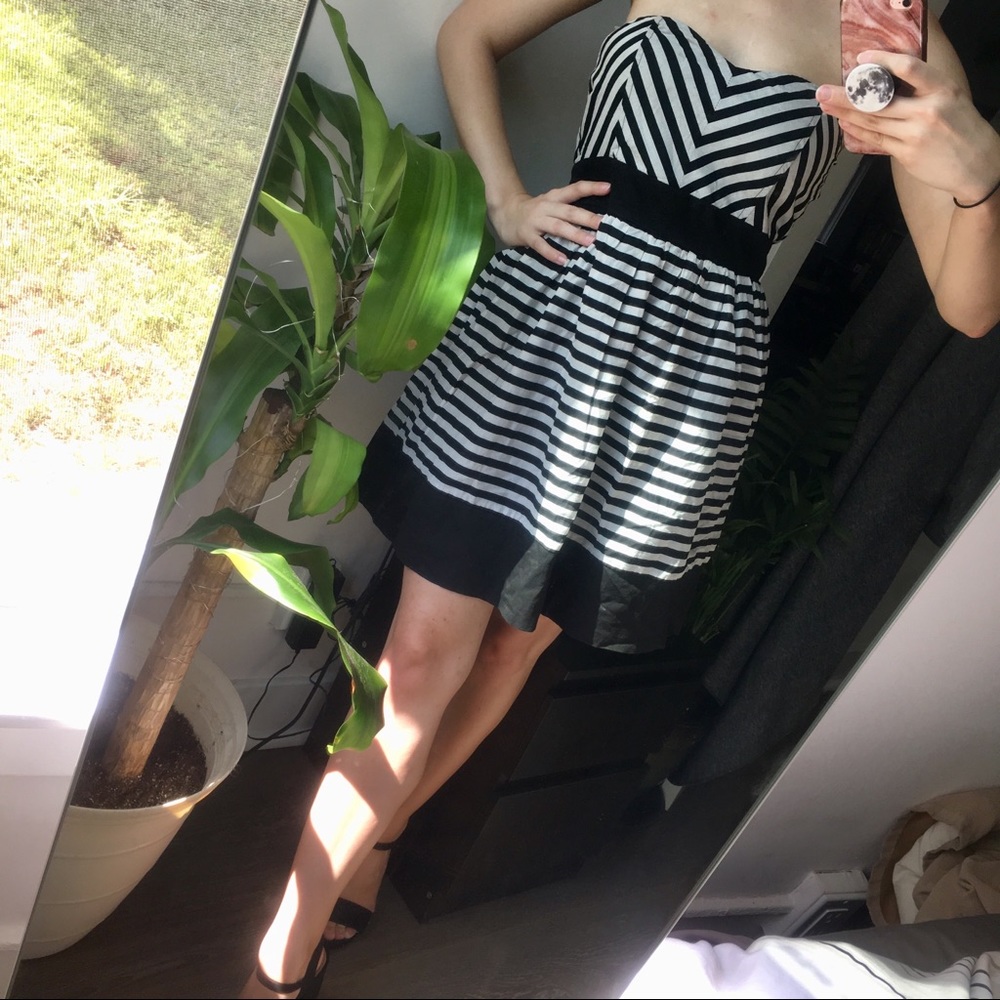 CLEANOUT SALE Black and White Stripe Strapless Dress